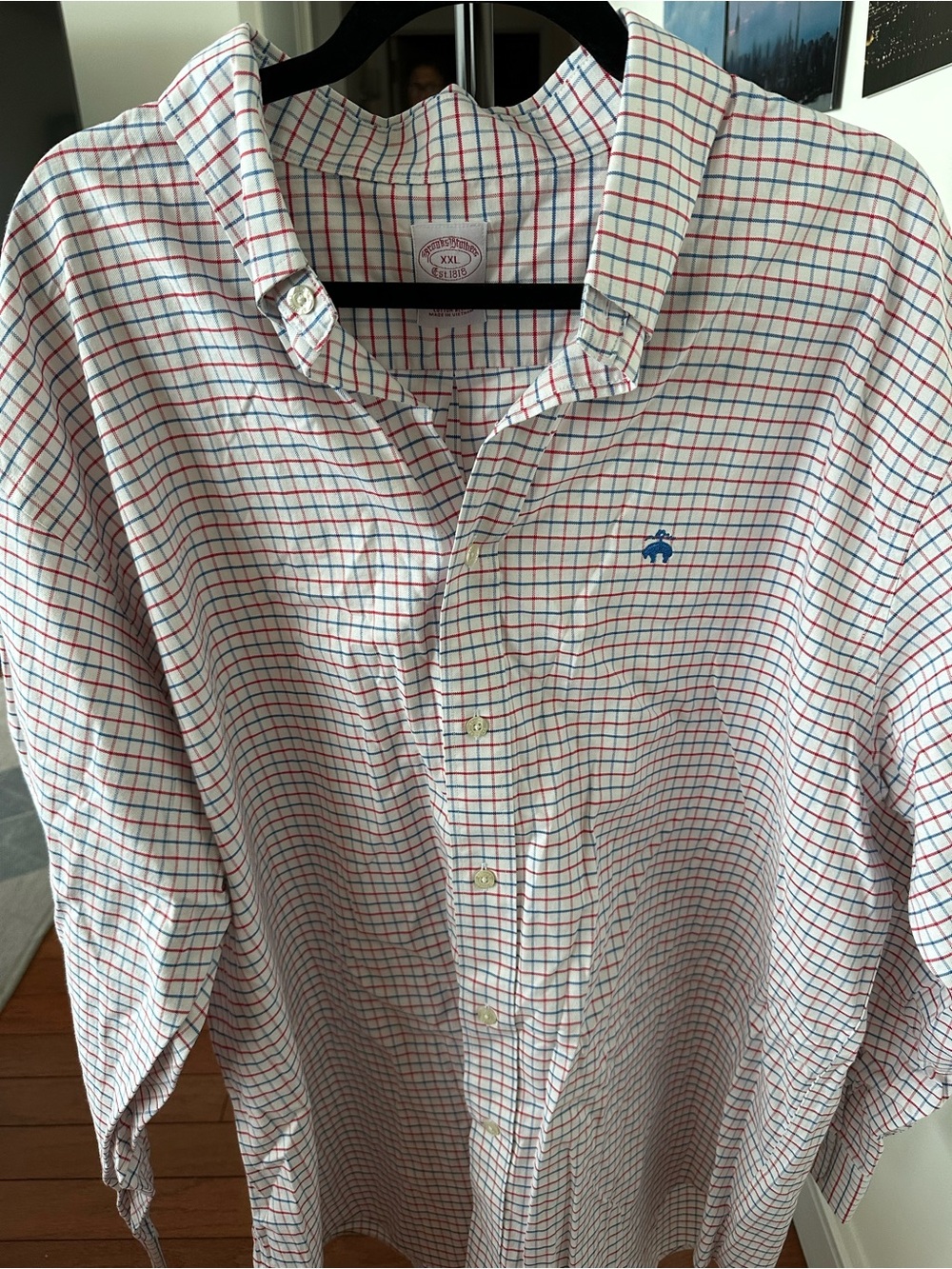 Men's White Check Button-Down Shirt with Red & Blue Grid